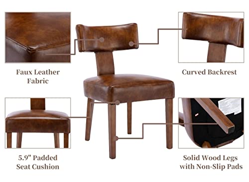 RIVOVA Set of 4 Mid Century Modern Dining Chairs, Farmhouse PU Leather Upholstered Dining Room Chairs Kitchen Chairs Side Armless Chairs with Curved Backrest Wood Legs, Brown - color: Brown Curved