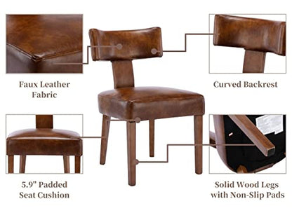 RIVOVA Set of 4 Mid Century Modern Dining Chairs, Farmhouse PU Leather Upholstered Dining Room Chairs Kitchen Chairs Side Armless Chairs with Curved Backrest Wood Legs, Brown - color: Brown Curved