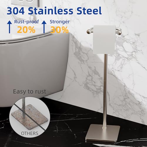 RUACQ Bathroom Toilet Paper Holder Stand, Brushed Nickel | Dual-Post Pivoting Free Standing Toilet Roll Holder with Weighted Base, Anti-drop Design 304 Stainless Steel Tissue Stand - color: Brushed Nickel, size: Free Standing