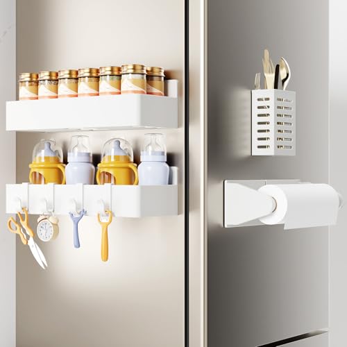 Mystozer Magnetic Spice Rack for Refrigerator,2 Pack Magnetic Shelf and 1Pack Paper Towel Holder and 1 Pack Utensils Rack,Fridge Organizers and Storage White(4 Pack) - color: White, size: 4 Pack