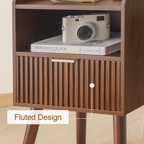 Night Stand, Mid Century Modern Nightstand with Fluted Drawers and Open Shelf, Small Accent Bedside Table for Bedroom, Living Room, and Small Spaces (Walnut Brown) - color: Walnut Brown