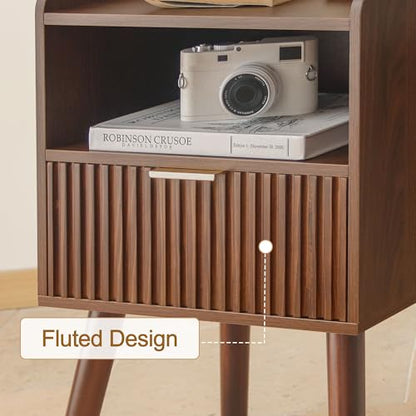 Night Stand, Mid Century Modern Nightstand with Fluted Drawers and Open Shelf, Small Accent Bedside Table for Bedroom, Living Room, and Small Spaces (Walnut Brown) - color: Walnut Brown