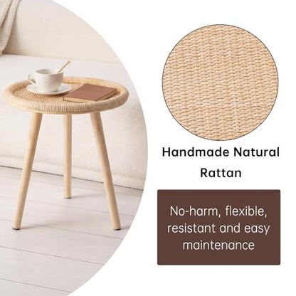 Small Side Table, Rattan Round Coffee Table, Boho Circle Side Tables End Table for Living Room, Mid Century Accent Table for Bedroom Balcony - color: Wood