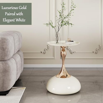 Luxury Round End Table White Gold Modern Small Side Table 15" Living Room Table Iron Sofa Coffee Table Cute Shape, White Gold - color: White