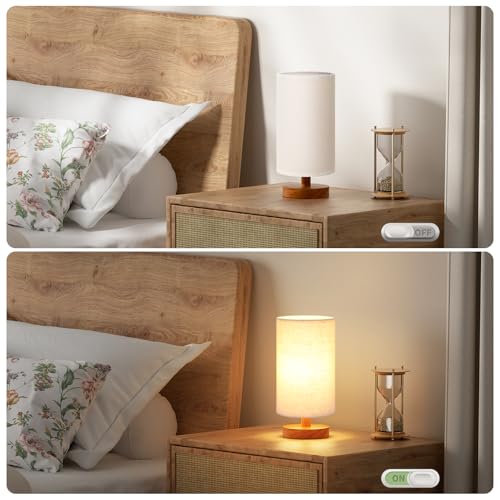 Fenmzee Small Table Lamp for Bedroom - Inline Control, Bedside Lamp with 3000K A15 LED Blub, Easy Assembly (Beige Shade - Walnut Base, 9" Inline Control) - color: Beige Shade - Walnut Base