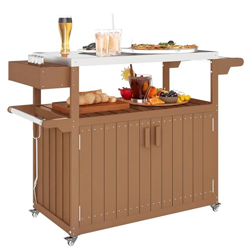 Outsunny Outdoor Bar Cart with Storage Cabinet Kitchen Island Brown | Stainless Steel Top, on Wheels, HDPE Outdoor Bar Table, Movable Patio Beverage Food Prep Table, for BBQ Picnic - color: Brown