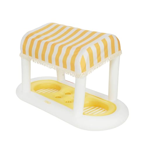 Giant Floating Yellow Cabana Stripe Drink Station, Removable Fabric Shade with Fringe, Perfect for Parties, Table-Top Decorations and in-Pool Refreshments. - color: Yellow & White