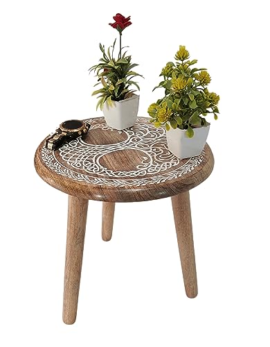 VANIYA CRAFTS® Wooden Engraved Fold-able Side Table/End Table/Plant Stand/Stool for Living Room Bedroom Restaurant Kids Play Furniture Table Round Shape (Natural White 4) - color: Natural White 4