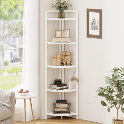 Tall Corner Shelf, 5 Tier Modern Corner Bookshelf Stand, Wood and Metal Corner Plant Bookcase for Living Room, Home Office (White Oak) - color: White Oak