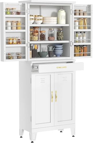 YITAHOME 71" Metal Pantry Cabinet with Drawer, Shelves & Door Racks, White | Tall Freestanding Steel Cupboard with 4 Doors, 8 Racks & Adjustable Shelves for Kitchen and Dining Room