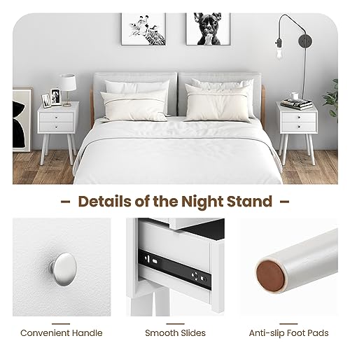 GOFLAME Nightstand with 2 Drawers, Small Wooden Side Table, Mid Century Modern Bedside Table with Storage, Compact End Table for Bedroom, Easy Assembly, White - color: White