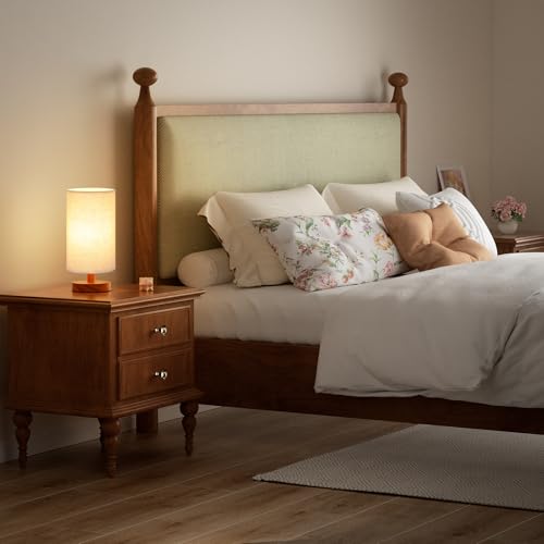 Fenmzee Small Table Lamp for Bedroom - Inline Control, Bedside Lamp with 3000K A15 LED Blub, Easy Assembly (Beige Shade - Walnut Base, 9" Inline Control) - color: Beige Shade - Walnut Base