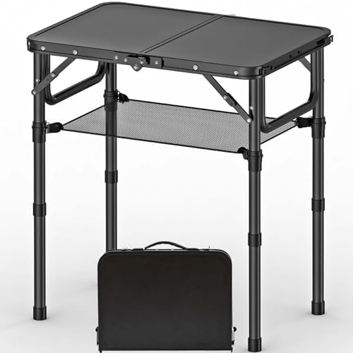 YihuiKo Folding Picnic Table with Storage Net, Matte Black Aluminum Folding Table 23.6" x 15.8", Adjustable Height Max 27.5", Lightweight Portable for Camping Travel Indoor - color: Matte Black, size: 24"L x 16"W x 27"H