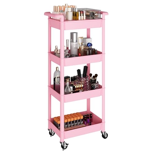 MIOCASA Utility Rolling Cart with Detachable Tray Top, 4-Tier Kitchen Storage Organization, Art Cart with Wheels for Office, Classroom, Livingroom, Kitchen, Bathroom (Pink, 4-Tier-Plastic) - size: 4-Tier, style: Pink