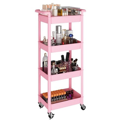 MIOCASA Utility Rolling Cart with Detachable Tray Top, 4-Tier Kitchen Storage Organization, Art Cart with Wheels for Office, Classroom, Livingroom, Kitchen, Bathroom (Pink, 4-Tier-Plastic) - size: 4-Tier, style: Pink