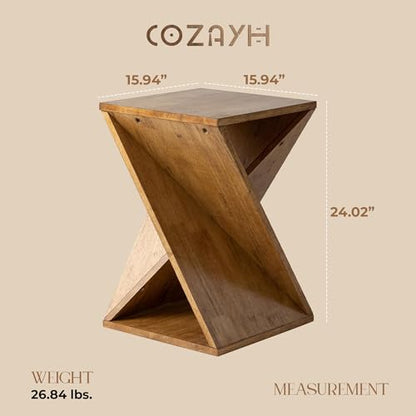 COZAYH Rustic Farmhouse Geometric Style End Table with Twisted X Base, Modern Square Accent Side Table for Living Room, Bedroom, or Office, Brown - color: Natural Wood