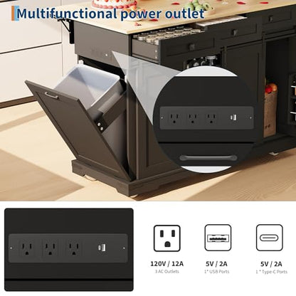 Garvee 54" Kitchen Island with Drop Leaf & Power Outlet, Black | Large Rolling Cart with Trash Cabinet, 2 Sliding Barn Doors, 3 Drawers Mobile Island Table with Spice Rack & Towel Rack - color: Black