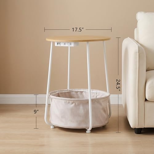 Round Side Table with Charging Station & USB Ports, Modern End Table Nightstand with Fabric Storage Basket, Matte White & Camel Brown Accent Table for Living Room, Bedroom (Burlywood) - color: Burlywood
