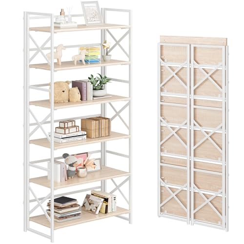 4NM 6 Tiers No Assembly Book Shelves, 61.8" H Folding Bookshelf Bookcase Open Industrial Foldable Shelves for Bedroom, Living Room, Home Office - Natural White - color: Natural White, size: XX 6-Tier