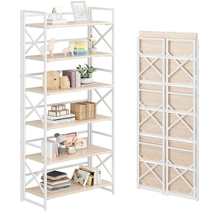 4NM 6 Tiers No Assembly Book Shelves, 61.8" H Folding Bookshelf Bookcase Open Industrial Foldable Shelves for Bedroom, Living Room, Home Office - Natural White - color: Natural White, size: XX 6-Tier