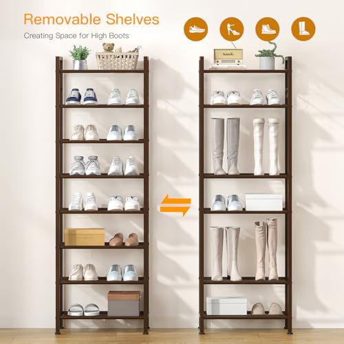 usikey 8 Tiers Narrow Shoe Rack 16-24 Pairs, Sturdy Metal Tall Shoe Rack with 4 Hooks, Slim Shoe Storage Organizer with Metal Shelf, Space Saving Vertical Shoe Shelf for Closet Entryway, Bronze - color: 8 Tier ( 17.9 X 11 X 55.5 Inches)-bronze