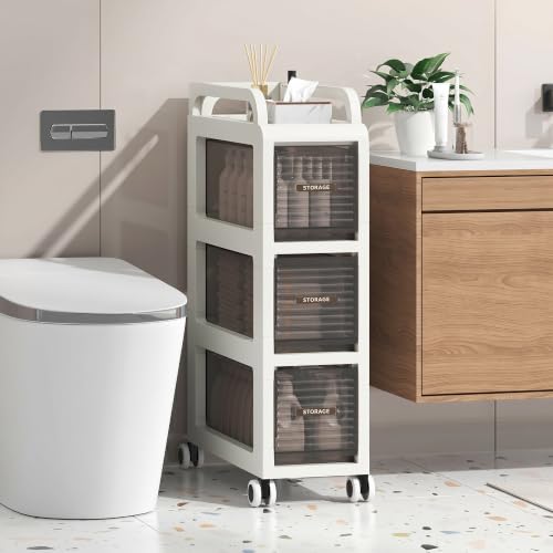 Bathroom Storage with Drawers, 7.87" Wide Slim Storage Cabinet with Wheels for Small Spaces, Narraw Cart for Kitchen Office Bedroom Dinning Room Under Desk, 26" Tall - size: 20x41x65 cm