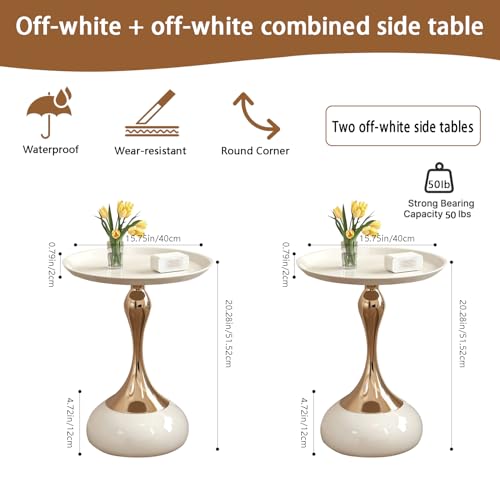 2-Pack Modern Round Side Table - White Tabletop & Gold Pedestal Base, Stylish Accent End Table for Living Room, Bedroom & Office (White Set) - color: Cream White+cream White
