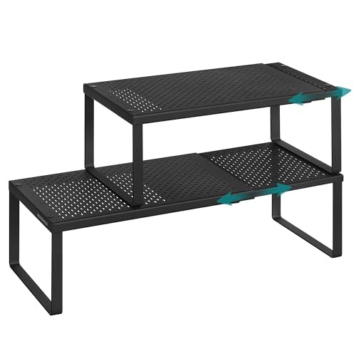 SONGMICS Spice Racks, Set of 2 Expandable Kitchen Countertop Shelves, Small Cupboard Organizers, Metal, Space-Saving Tabletop Shelves, Matte Black UKCS402B01 - color: Matte Black, size: Set of 2