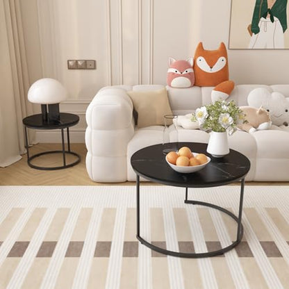 Nesting Coffee Table Set of 2 Round Side Tables, 27.6 Inch Marble Top Coffee Table with Metal Frame for Small Space, Living Room, Bedroom, Balcony & Apartment(Black) - color: Black