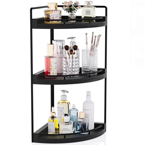 Corner Bathroom Counter Organizer, 3 Tier Bathroom Sink Shelf Countertop, Wood Vanity Skincare Storage for Toiletries Decor, Makeup, Dresser(Black) - color: Black