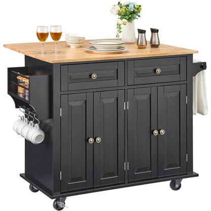 VEVOR Kitchen Island Cart, 35" Wood Top Mobile Carts with Storage Cabinet, Rolling Table with Drop Leaf, Spice Rack, Towel Bar, Adjustable Shelf, Drawer, and Hooks, Portable Islands on Wheels, Black - size: 35.4" W Drop Leaf, style: 2 Drawers & 4 Doors