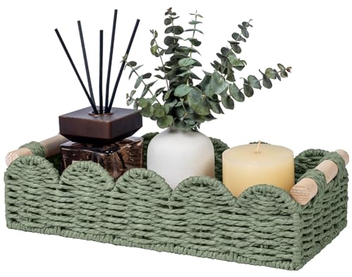 CubesLand Toilet Paper Storage Basket Organizer, Small Wicker Decor Basket | Toilet Tank Top Decorative Basket for Countertop, Handwoven Scalloped Basket W/Handle for Home Decor Living Room, Green - color: Green, size: s - 12.99 X 6.3 X 3.15in