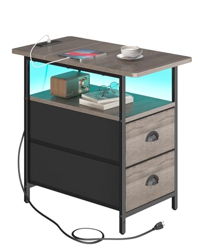 sthmec End Table with Charging Station, Narrow Side Table with 2 Drawers, LED Nightstands with Drawers, USB Ports & Power Oulets,Slim Sofa Side Tables for Small Spaces,Living Room,Bedroom, Grey - color: Grey, size: 11.75'' W x 21'' D x 24.3'' H, style: Po