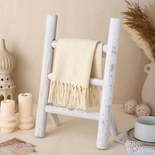 Cinnvoice 2 Pcs Wooden Tea Towel Ladder Rustic Hand Towel Stand Rack Mini Countertop Towel Stand Farmhouse Wood Counter Towel Holder for Bathroom Country Kitchen Office (White) - color: White