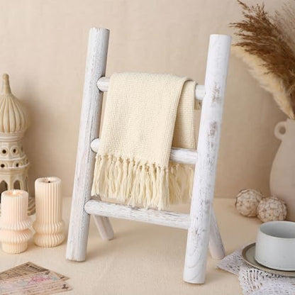 Cinnvoice 2 Pcs Wooden Tea Towel Ladder Rustic Hand Towel Stand Rack Mini Countertop Towel Stand Farmhouse Wood Counter Towel Holder for Bathroom Country Kitchen Office (White) - color: White