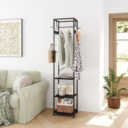 ELYKEN Coat Rack Freestanding, Hall Tree with 3 Storage Shelves and 12 Hooks, Metal Clothes Rack Stand Organizer for Bedroom, Hallway, Entryway, Office, Living Room, Black - color: Black