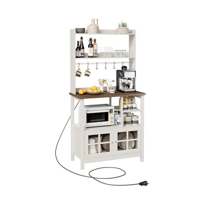 ChooChoo Farmhouse Bakers Rack with Power Outlets and Storage, Coffee Bar Cabinet with Storage, Microwave Stand Kitchen Cabinet with Hutch and 6 Hooks, Soft White & Brown - color: Soft White & Brown