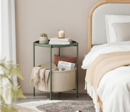 danpinera Small Round Side Table with Storage Basket, Removable Tray Top | Metal End Table for Small Space, Living Room, Bedroom, Nursery, Laundry, Modern Nightstand with Removable Tray, Green - color: Dark Green