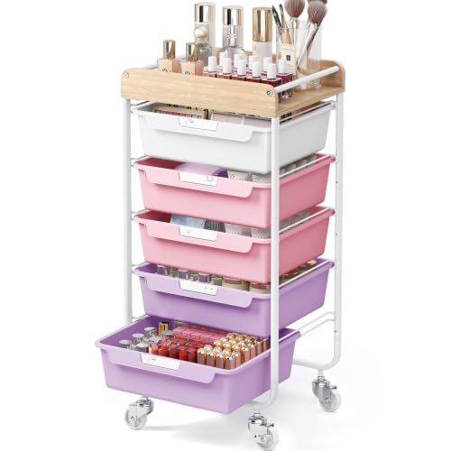 SYKIARIOL Utility Cart with 5 Labeling Drawers and Wooden Tabletop – Rolling Storage Cart for Crafters, Artists, Kids, Teachers, and Students – Organize Arts, Crafts, Sewing & Study Supplies - color: Dreamy Color, size: 5-Drawer