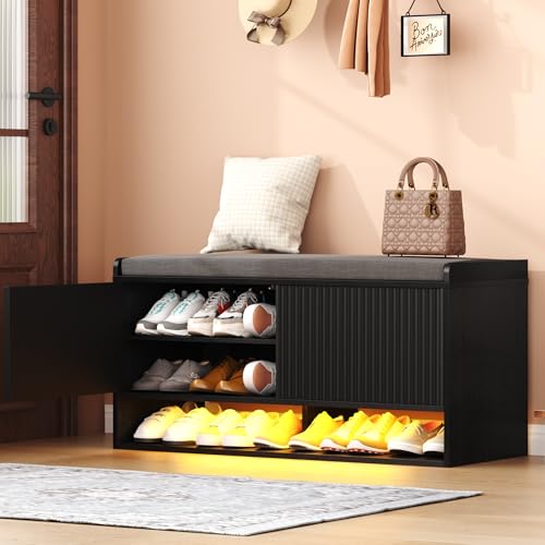 HOMEFORT 39.4" Fluted Shoe Storage Bench, Entryway Bench with Linen Seat Cushion, Shoe Cabinet Bench with Adjustable Shelf and Built-in LED Sensor Light, Bench for Bedroom End of Bed,Black - color: Black, size: 39.4"Wx15.15"D x19.3"H