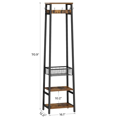 Coat Rack Freestanding, Coat Stand with Metal Basket and Storage Shelves, Hall Tree Free Standing with and 7 Hooks, Clothes Rack Stand Organizer, Rustic Brown and Black - color: Rustic Brown and Black, style: 2 Shelves + 1 Basket