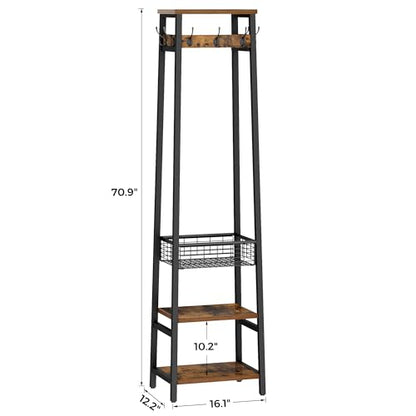 Coat Rack Freestanding, Coat Stand with Metal Basket and Storage Shelves, Hall Tree Free Standing with and 7 Hooks, Clothes Rack Stand Organizer, Rustic Brown and Black - color: Rustic Brown and Black, style: 2 Shelves + 1 Basket
