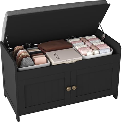 HOMEFORT 30" Shoe Bench with Lift Top Storage, Entryway Bench with Cushioned Seat, Wooden End of Bed Bench, Shoe Cabinet Bench with Hidden Storage Space, for Bedroom, Hallway,Black - color: Black, size: 30"Wx14.9"D x18.1"H