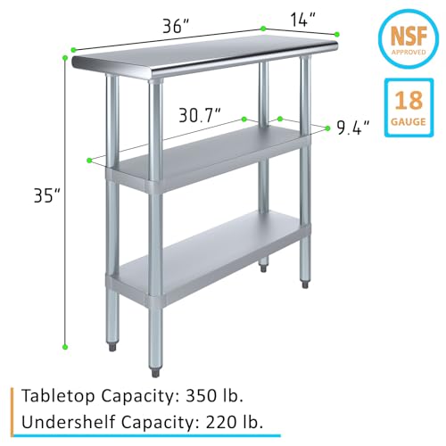 Stainless Steel Work Table with Double Undershelf – Commercial Prep Table for Restaurant, Kitchen, Bakery – NSF Certified (14 x 36) - size: 14x36