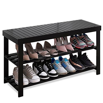 SMIBUY Bamboo Shoe Rack Bench, 3-Tier Shoe Organizer Storage Shelf for Entryway Hallway Bathroom Living Room (Black) - color: Black