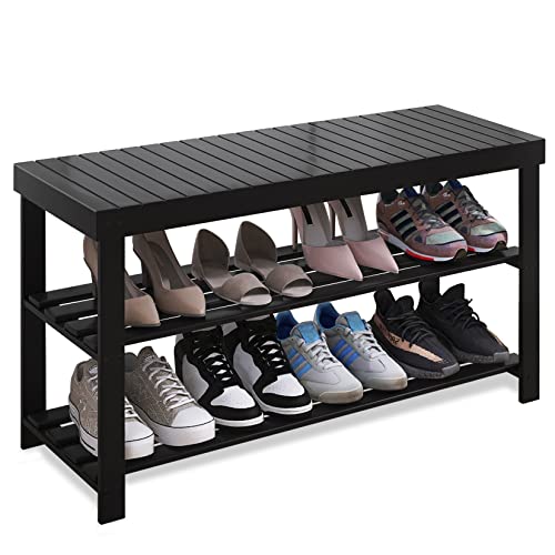 SMIBUY Bamboo Shoe Rack Bench, 3-Tier Shoe Organizer Storage Shelf for Entryway Hallway Bathroom Living Room (Black) - color: Black