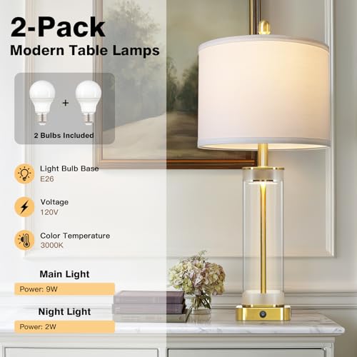28" Gold Glass Table Lamps Set of 2 with Night Light, Modern Bedside Lamps with USB C+A Charging Ports, Nightstand Lamps for Living Room, Glass Lamps for Bedroom End Table Office, 2 Bulbs Included - color: Gold