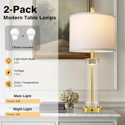 28" Gold Glass Table Lamps Set of 2 with Night Light, Modern Bedside Lamps with USB C+A Charging Ports, Nightstand Lamps for Living Room, Glass Lamps for Bedroom End Table Office, 2 Bulbs Included - color: Gold