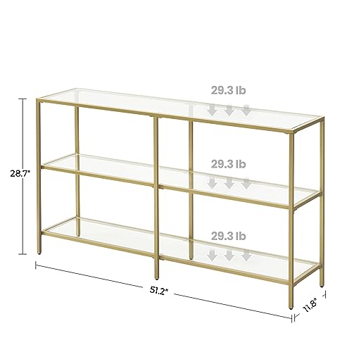 VASAGLE 51.2 Inch Console Table with 3 Shelves, Sofa Tables, Modern Entryway Table, Metal Frame, Tempered Glass Shelf, Entryway Living Room Bedroom, Metallic Gold and Transparent ULGT024A01 - color: Metallic Gold + Transparent, size: 51.2"W