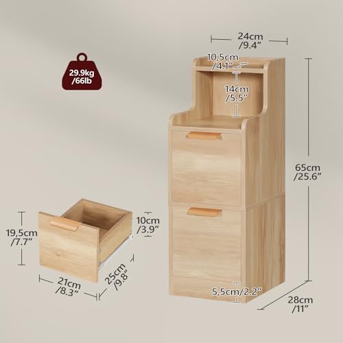 MAHANCRIS Narrow Nightstand with LED Light, Small Side Table with 2 Drawers, Open Shelf, Modern Bedside Table, Slim End Table for Small Spaces, Skinny Night Stand for Bedroom, Natural ETNA35E01 - color: Natural